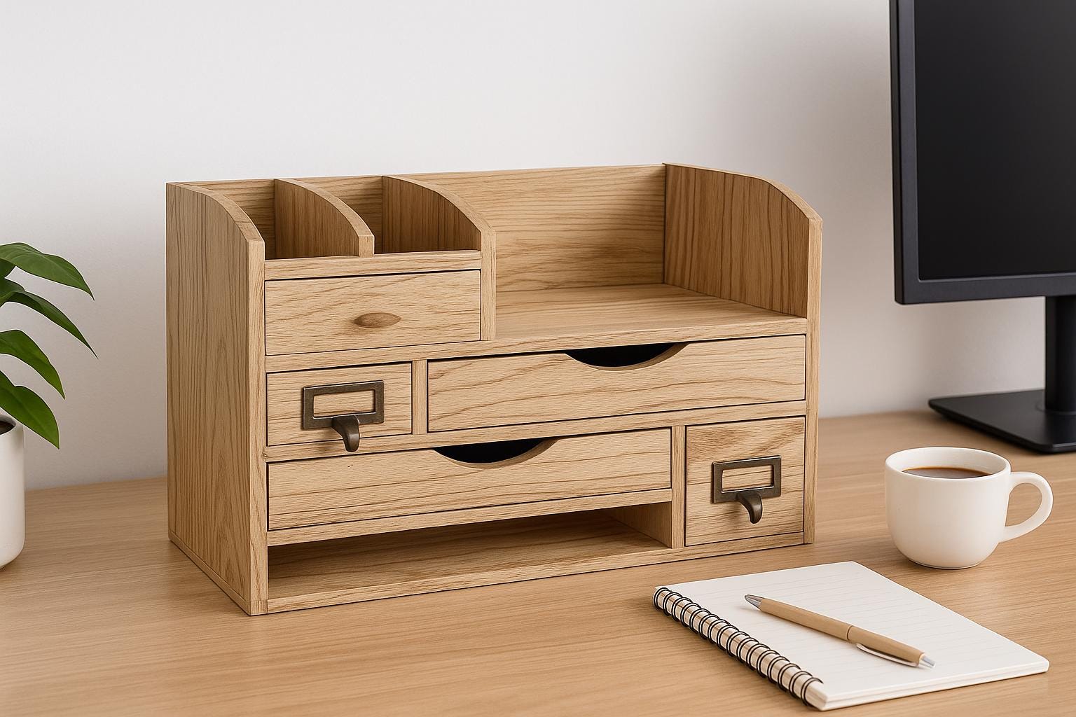 Organisateur Bureau Bambou Naturel 3 Tiroirs - Rangement Desktop 