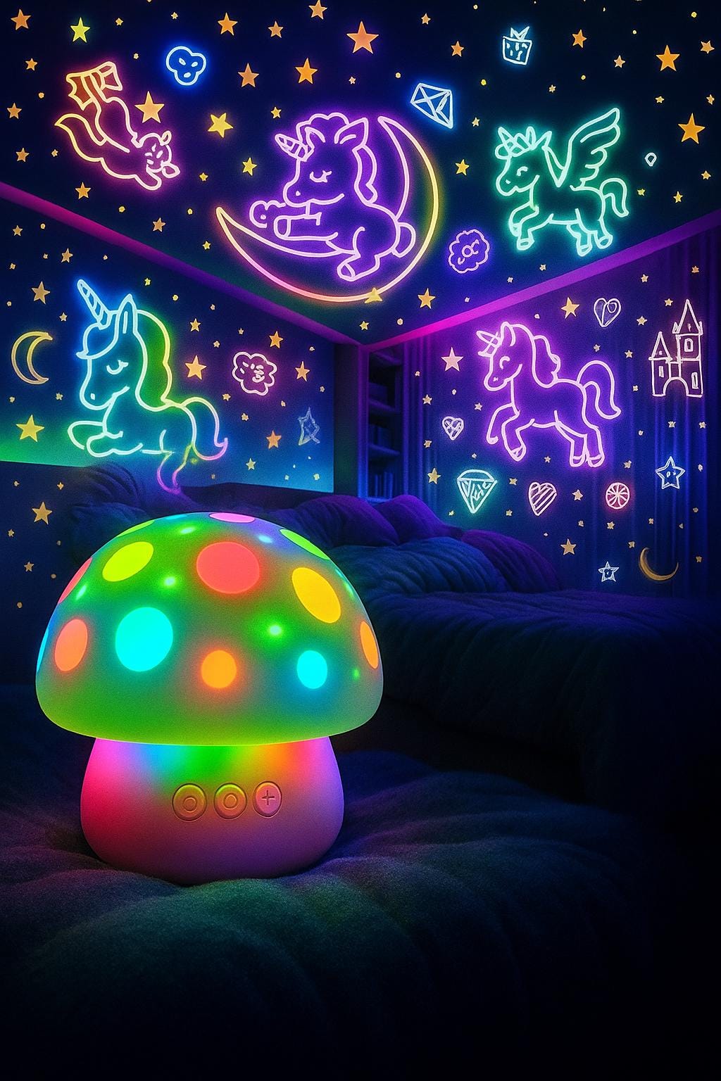 Veilleuse Champignon Magique Projecteur Étoiles Licorne | Veilleuse champignon arc-en-ciel