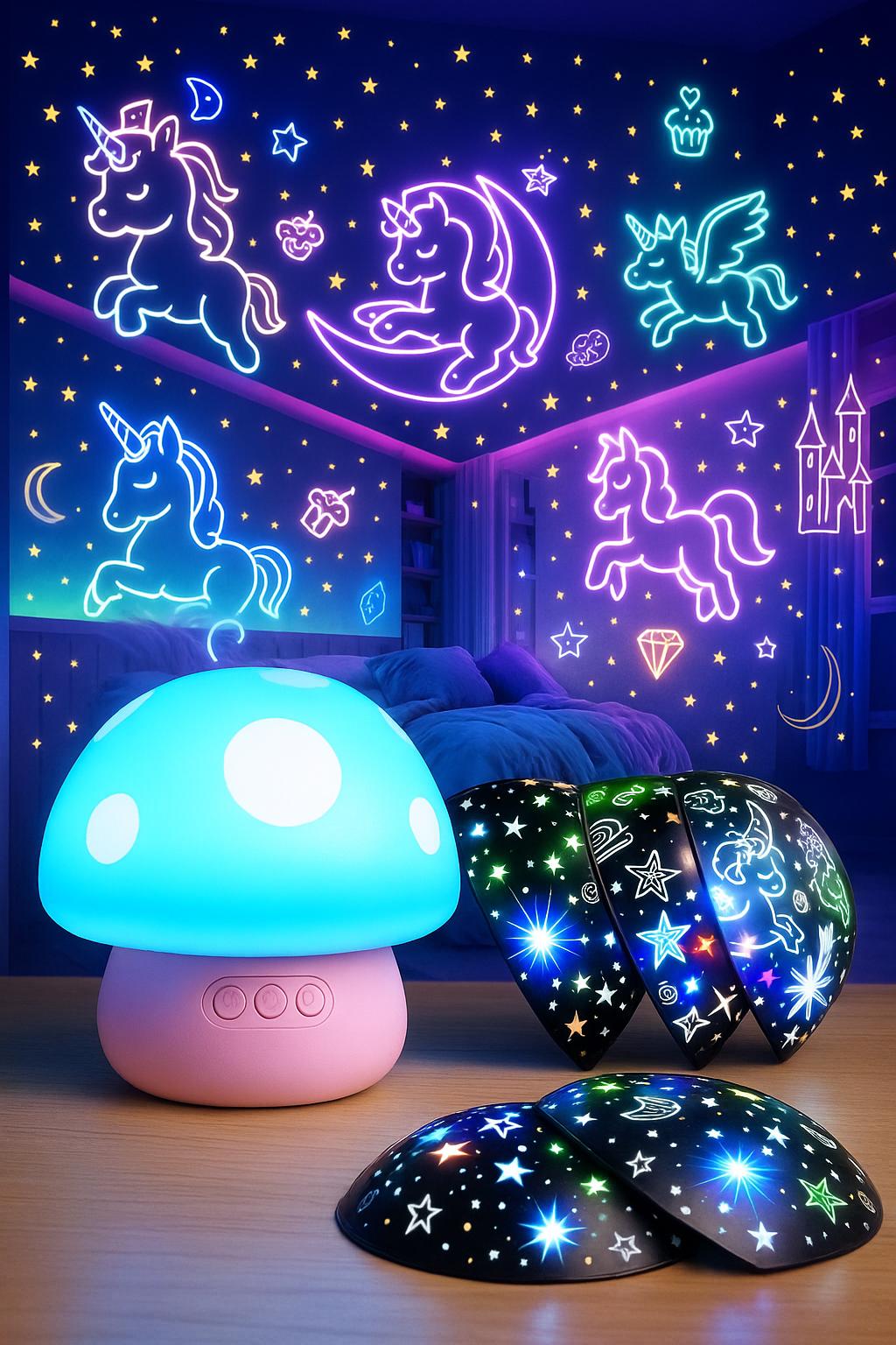 Veilleuse Champignon Magique Projecteur Étoiles Licorne | Veilleuse champignon arc-en-ciel