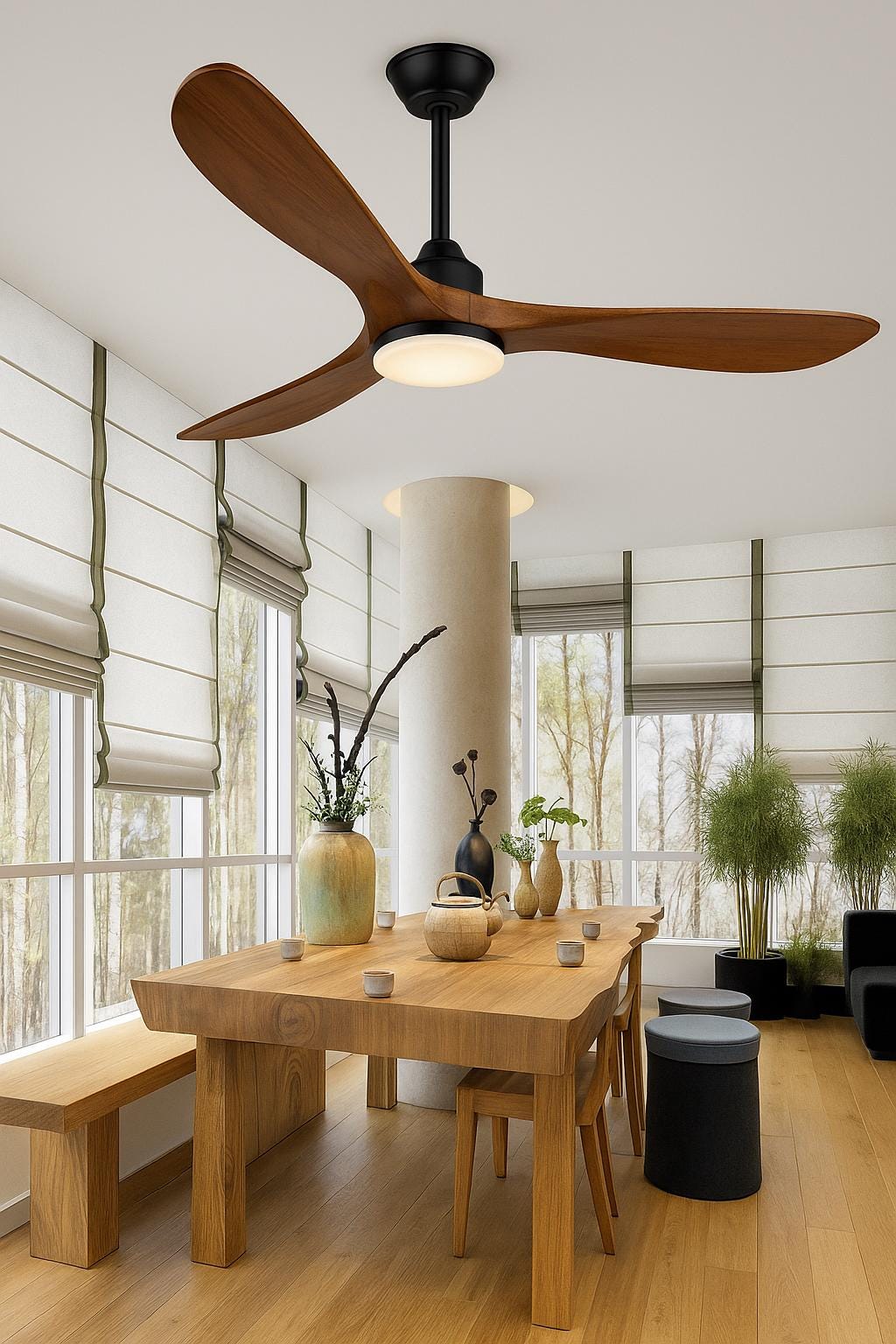 Ventilateur de plafond LED en chêne naturel et blanc mat – Style scandinave discret avec lumière chaude pour un intérieur moderne 