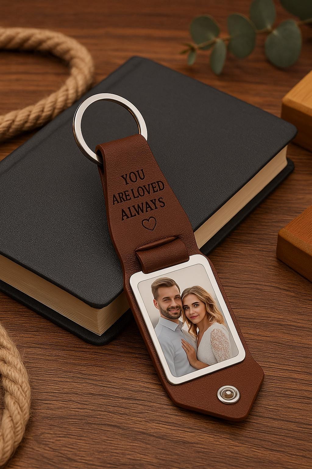 Porte-clés Photo Cuir Marron - Gravure Personnalisée | Brown Leather Photo Keychain - Custom Engraving