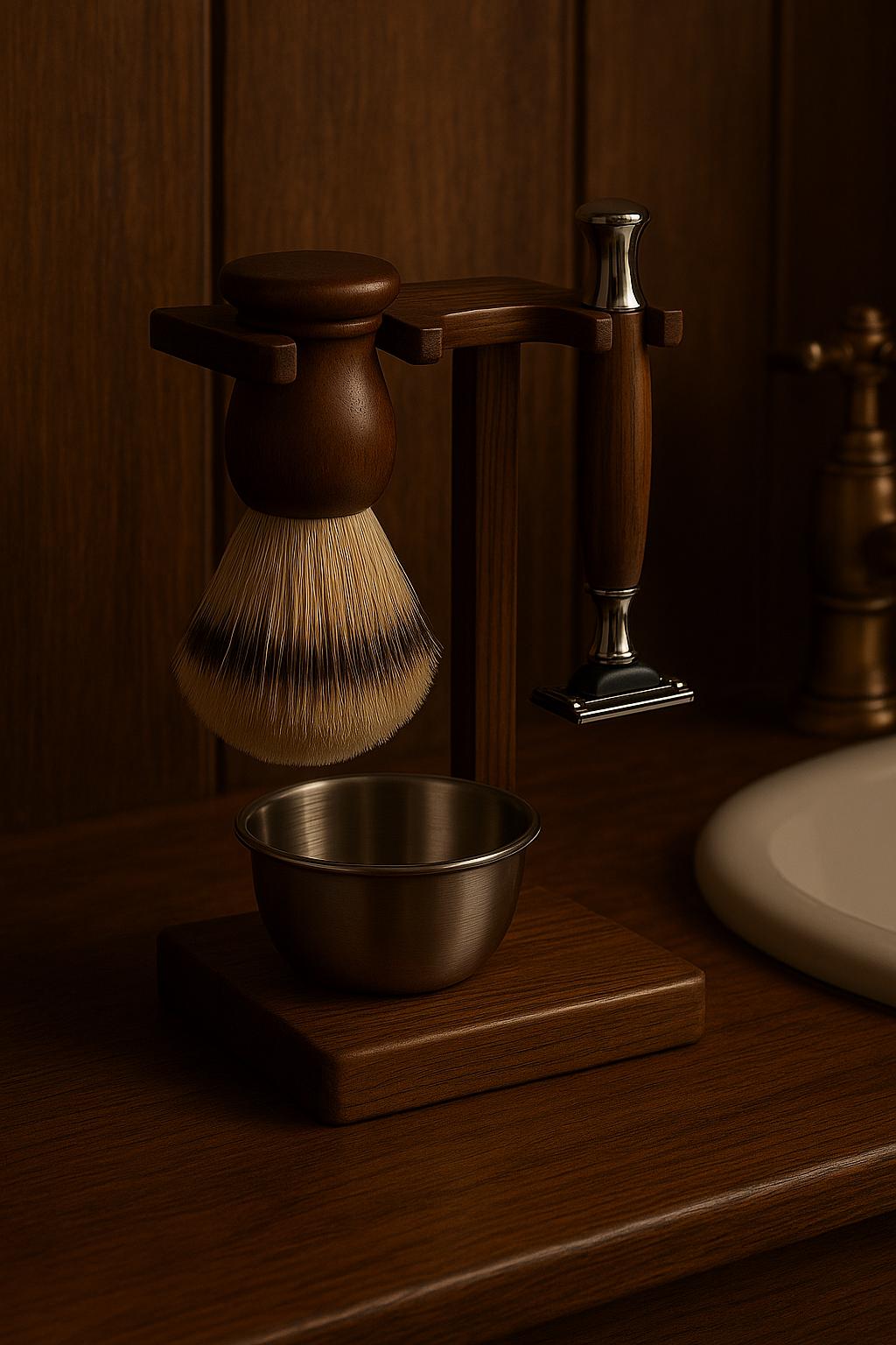 Kit de rasage vintage en bois avec support, blaireau, rasoir et bol | Coffret de rasage traditionnel pour homme, kit de rasage artisanal, cadeau idéal pour la fête des Pères