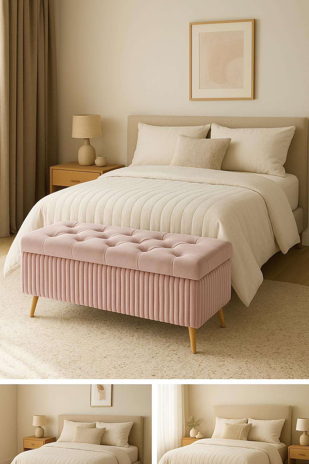 Blush Pink Velvet Padded Bench Seat with Storage | Tufted Ottoman with Wooden Legs, Chic Art Deco Scandinavian Style for Bedroom Living
