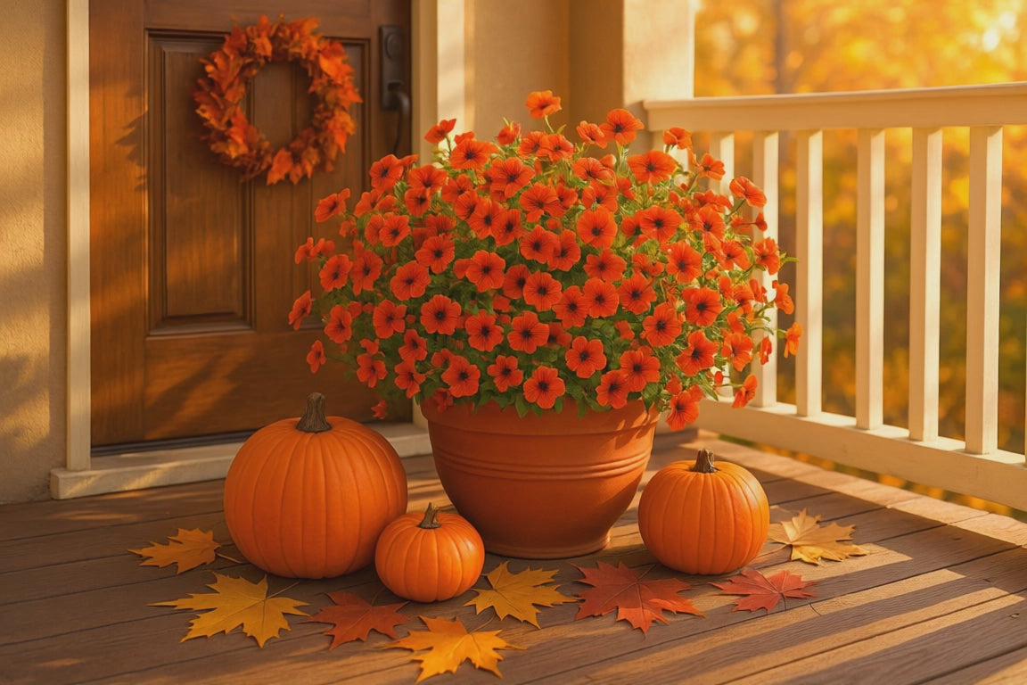 Autumn Floral Arrangement - Orange Calibrachoa in Terracotta Pot | Artificial Fall Decor - Papicha H