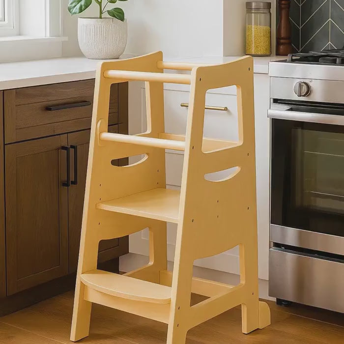 Adjustable Wooden Learning Tower for Toddlers, Kitchen Helper Stool, Ages 18 Months to 6 Years, Natural Wood, Child Safety Tower